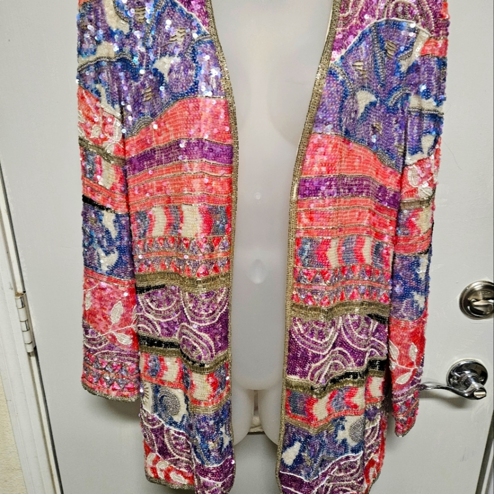 OLEG CASSINI BLACK TIE Vintage Amazing Sequin and Bugle Beaded Coat sz Large
